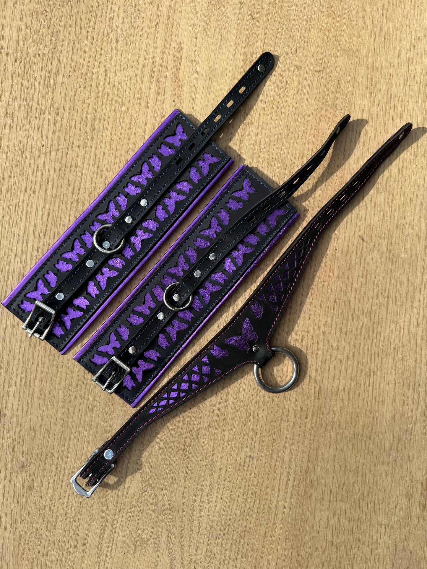 Package deal: Butterfly collar- black with purple butterfly and red stitching ( collar and cuffs )