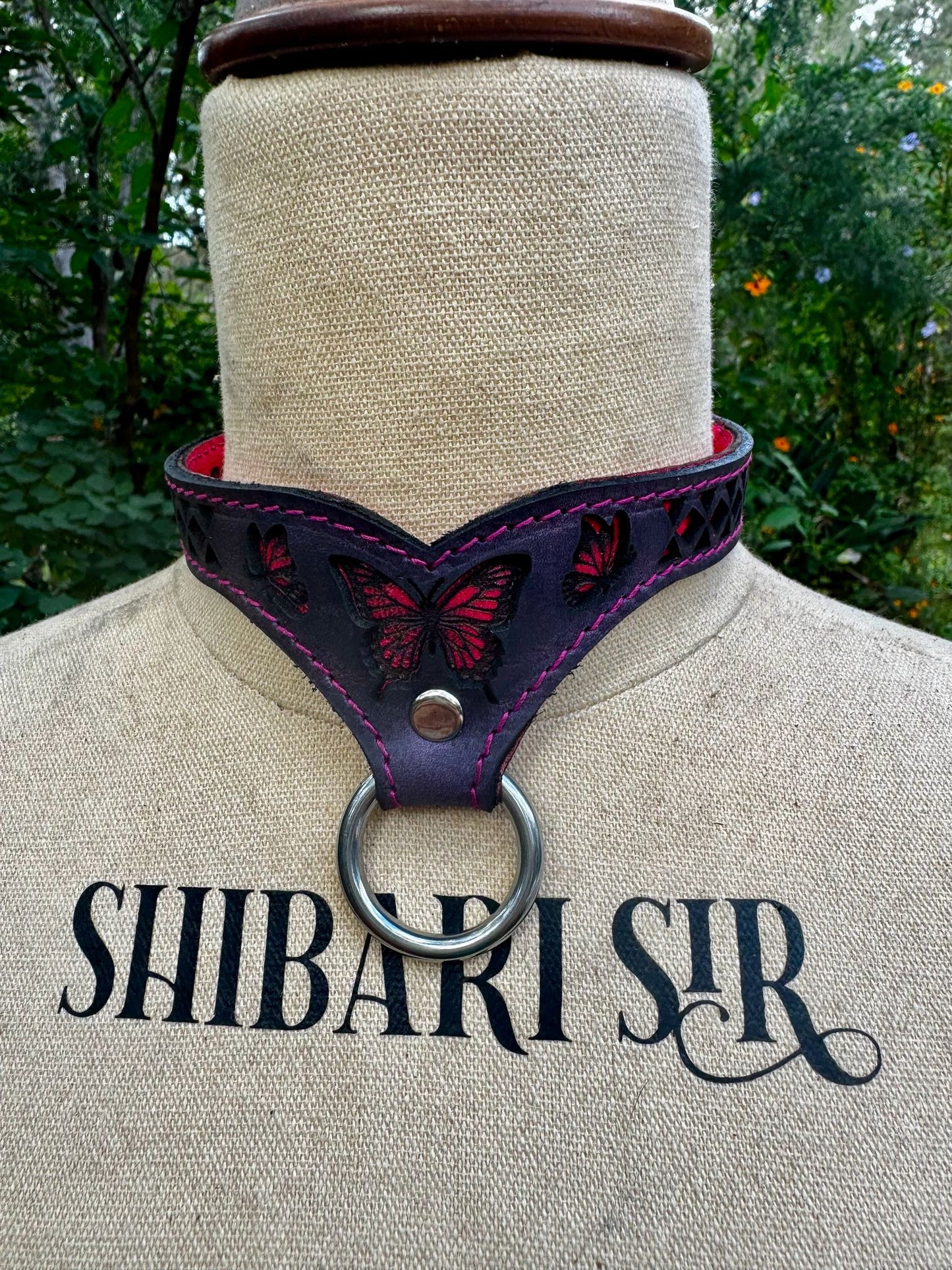 Butterfly collar- black with pink butterfly and pink stitching forest green stitching