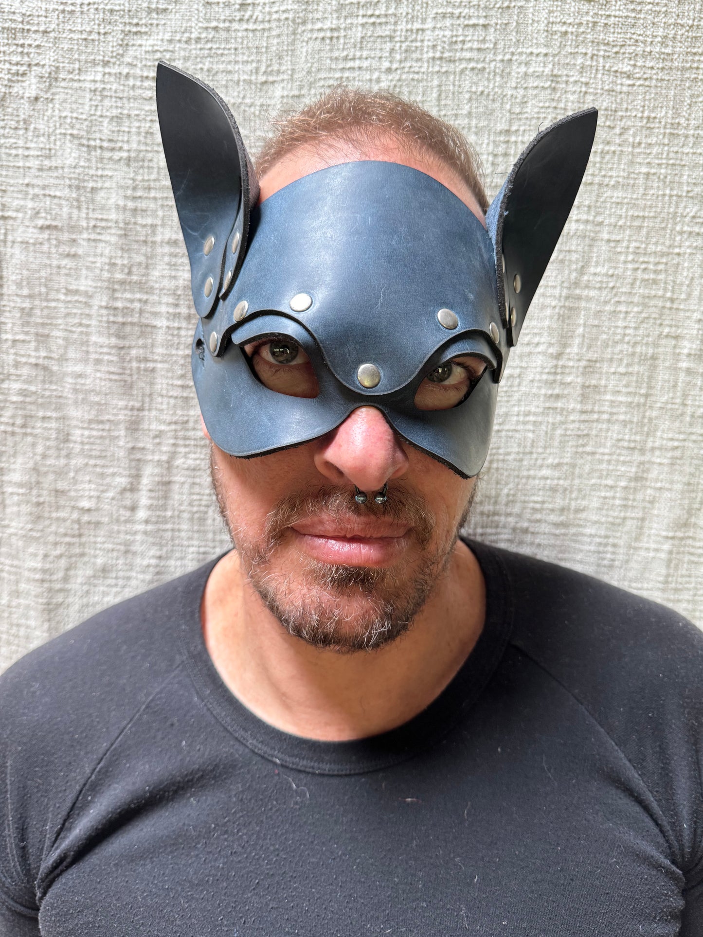 Leather cat mask. Crazy horse leather. Teal.