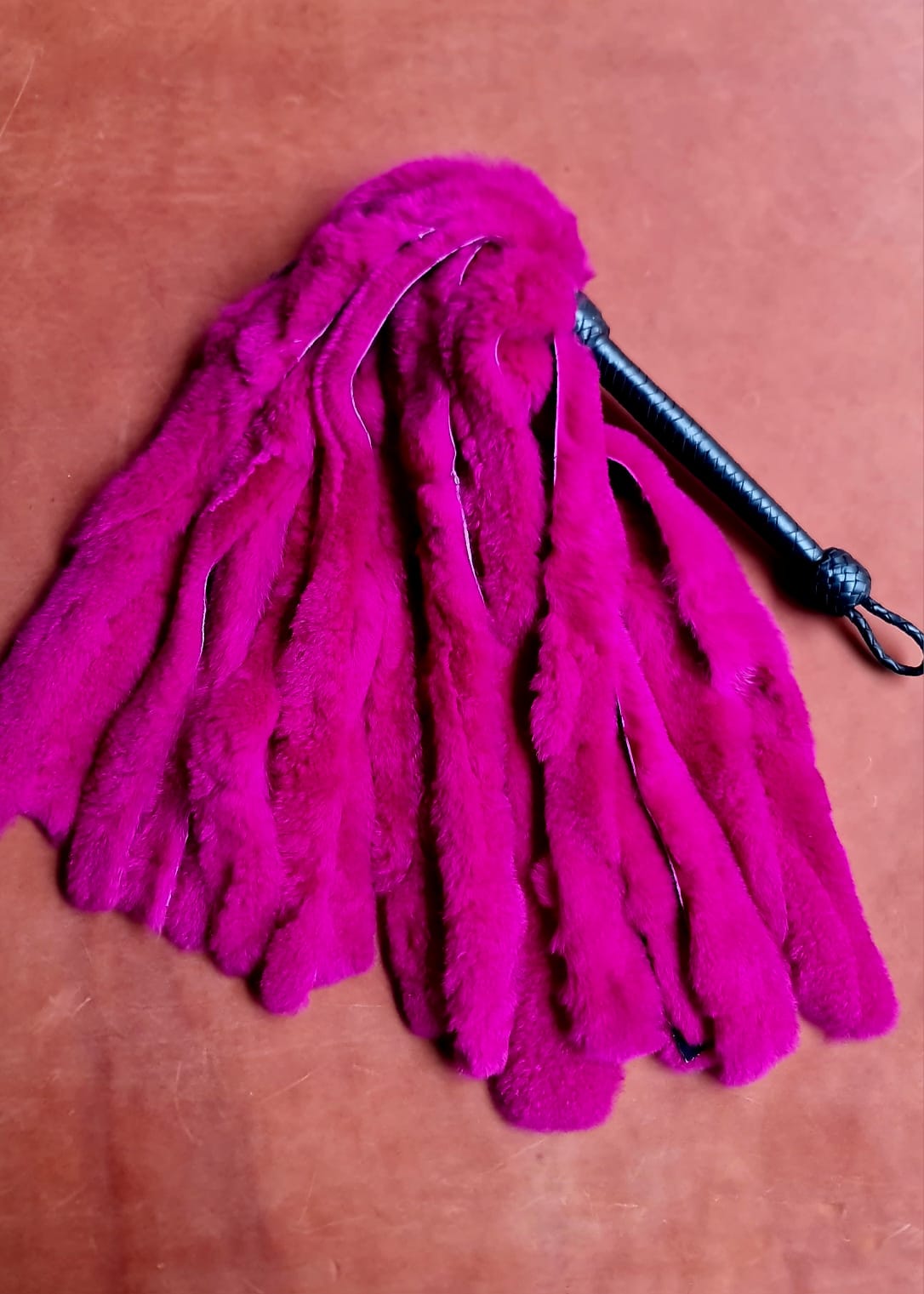 Pink Rabbit Fur Flogger with Kangaroo hand plaited handle