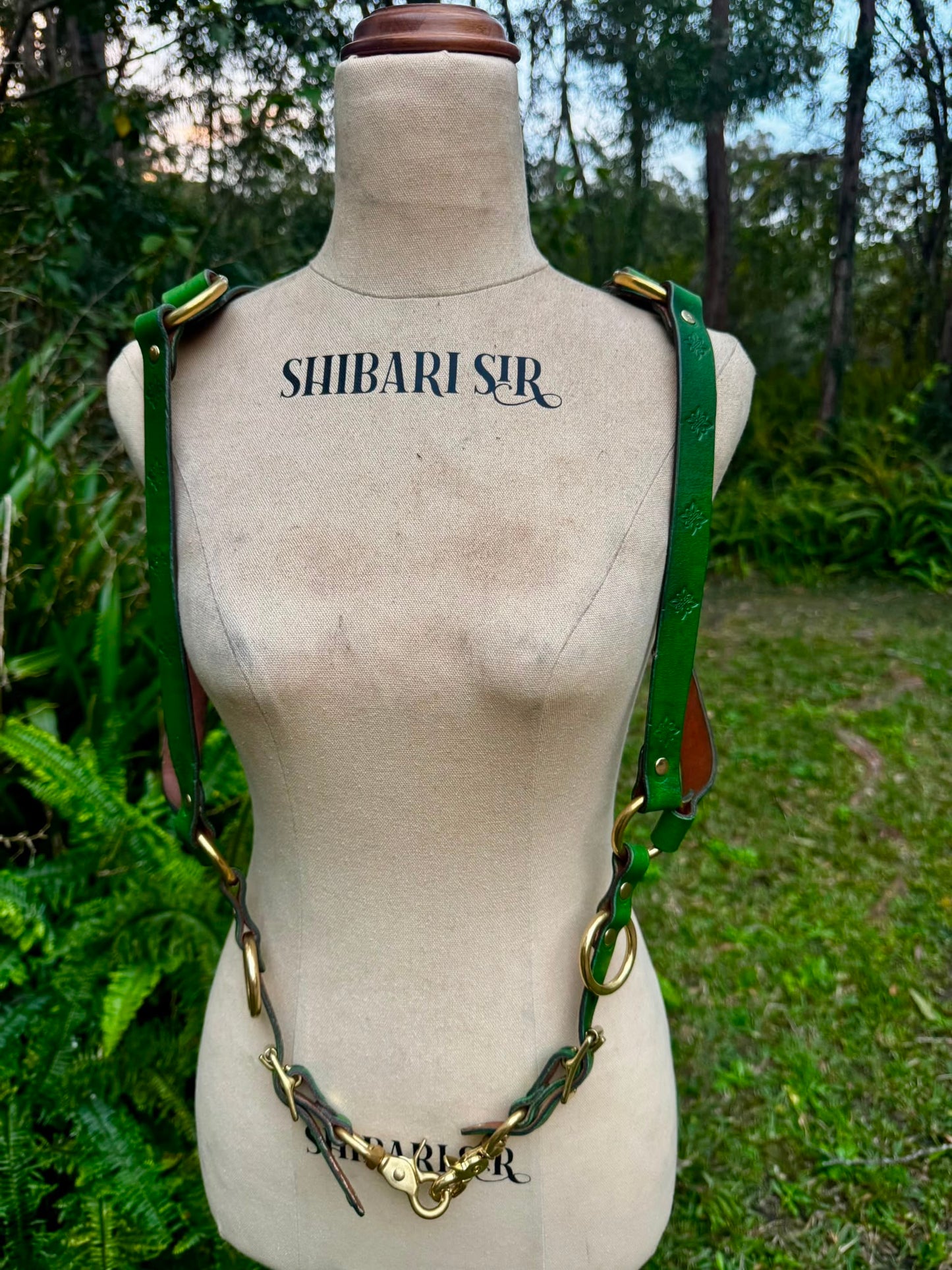 Handdyed Green Riggers Harness with brass hardware