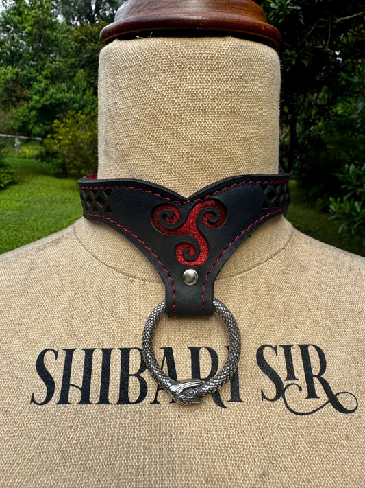 Triskelion collar-  crimson metallic red with red stitching, black leather. Ouroboros ring