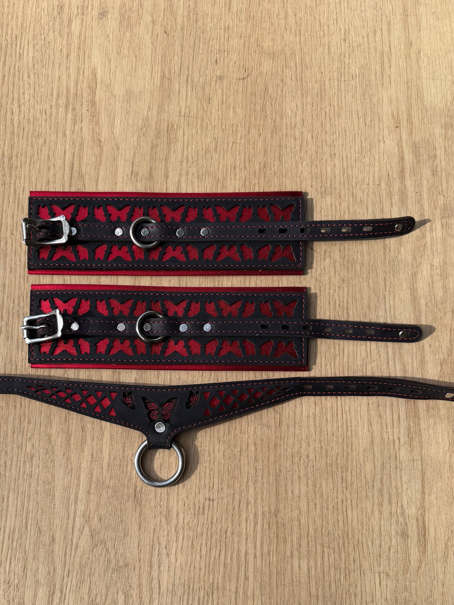 Package deal: Butterfly collar-  black with red butterfly and red stitching ( collar and cuffs )