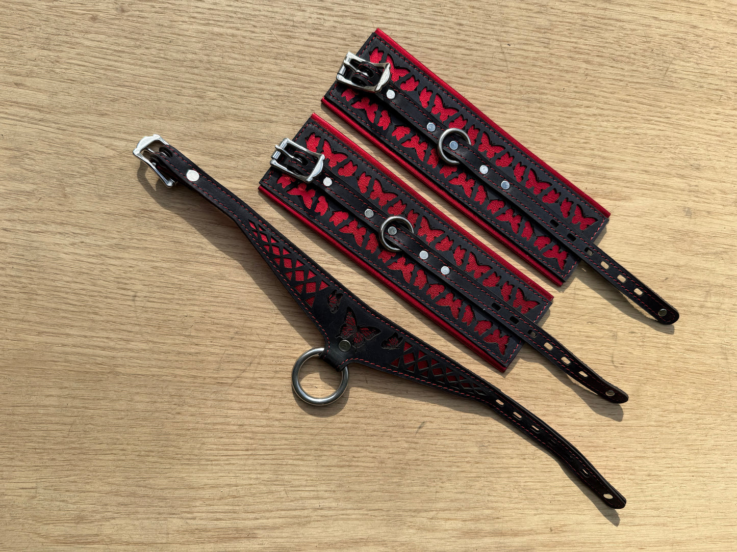 Package deal: Butterfly collar-  black with red butterfly and red stitching ( collar and cuffs )