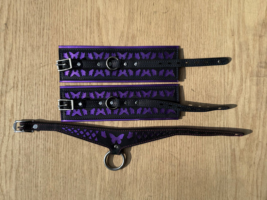 Package deal: Butterfly collar-  black with purple butterfly and red stitching ( collar and cuffs )