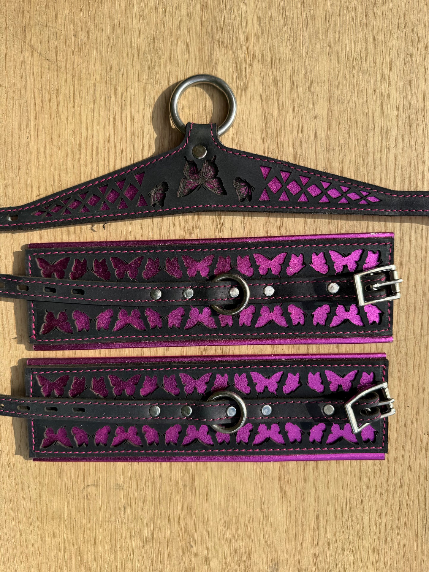 Package deal: Butterfly collar-  black with pink butterfly and red stitching ( collar and cuffs )