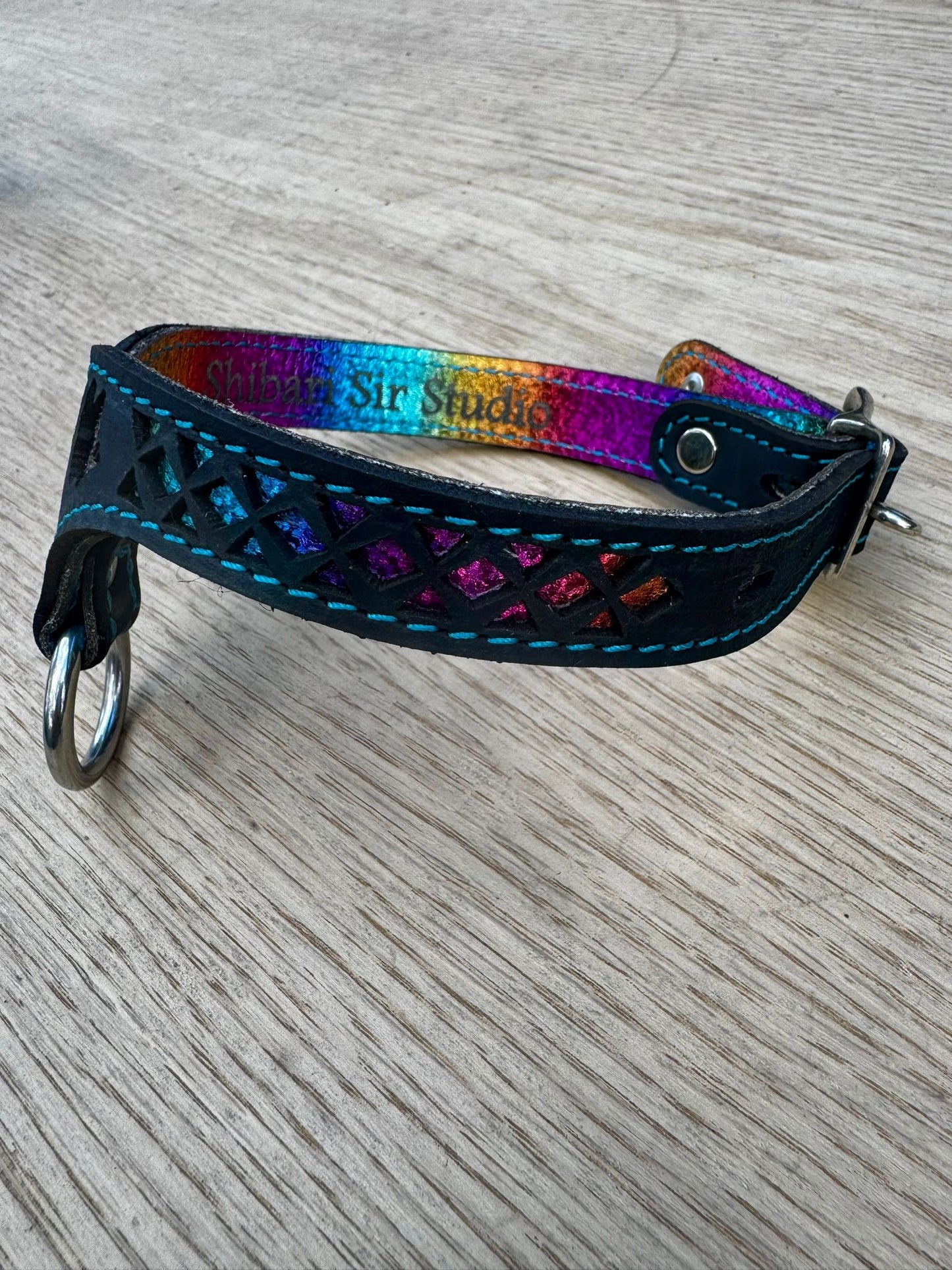 Rainbow Butterfly collar-  black with rainbow butterfly and blue stitching