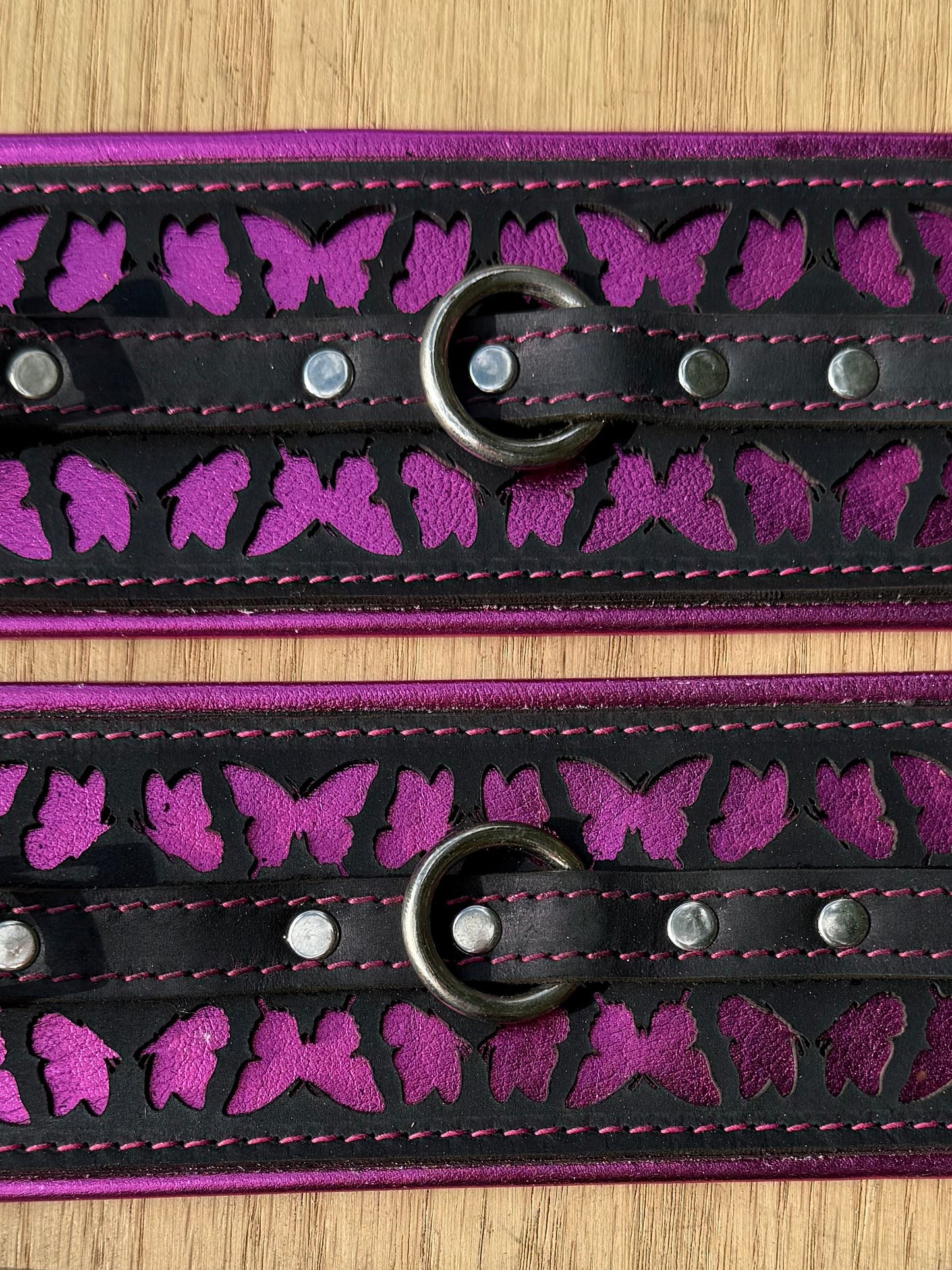 Package deal: Butterfly collar-  black with pink butterfly and red stitching ( collar and cuffs )