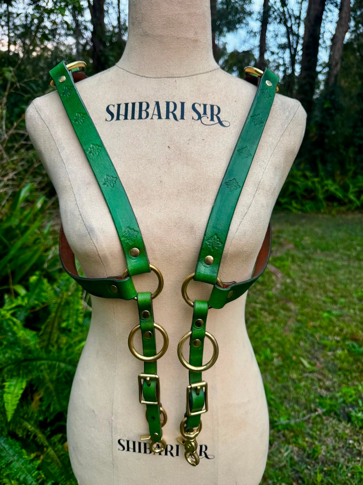 Handdyed Green Riggers Harness with brass hardware