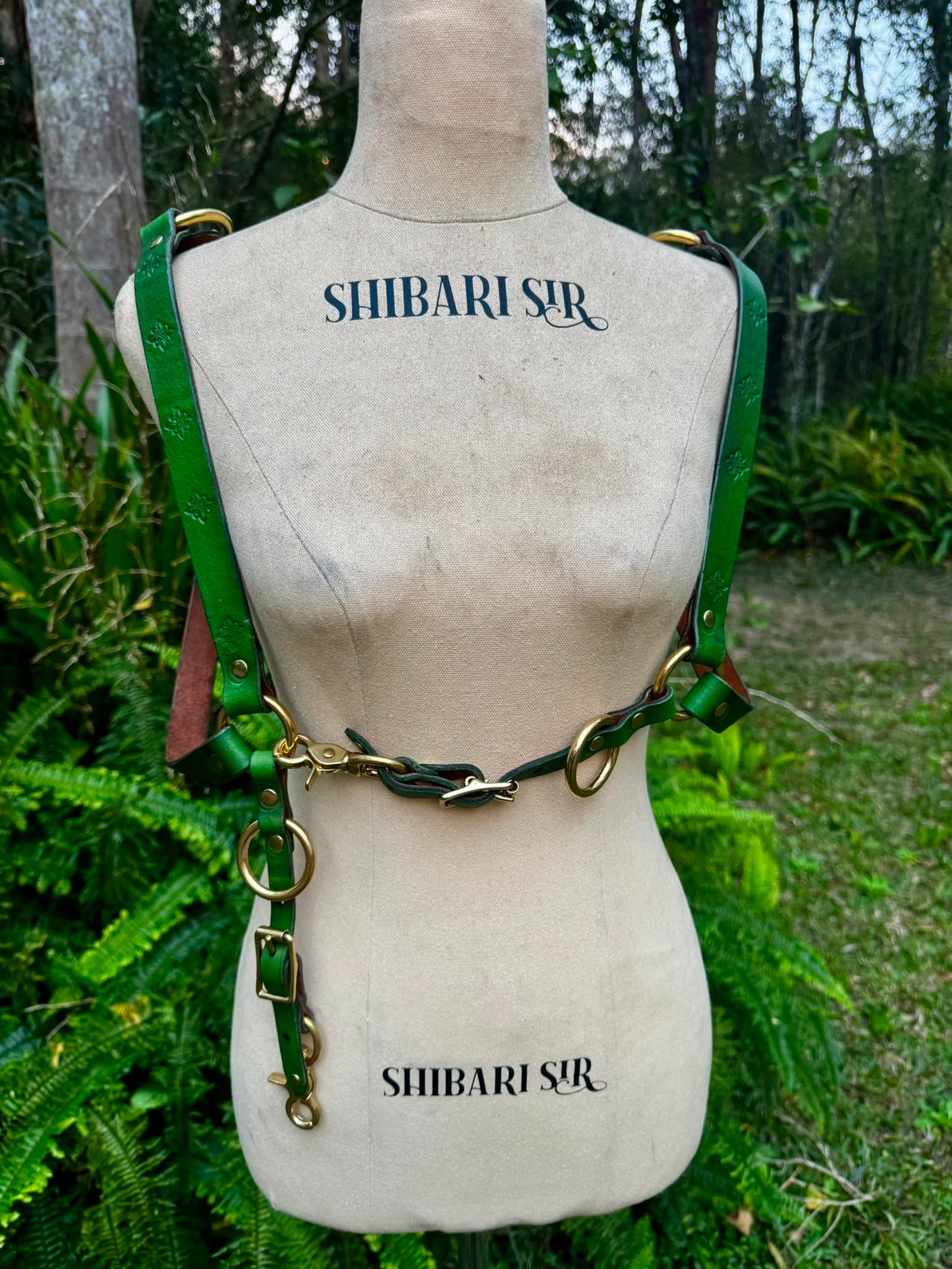 Handdyed Green Riggers Harness with brass hardware