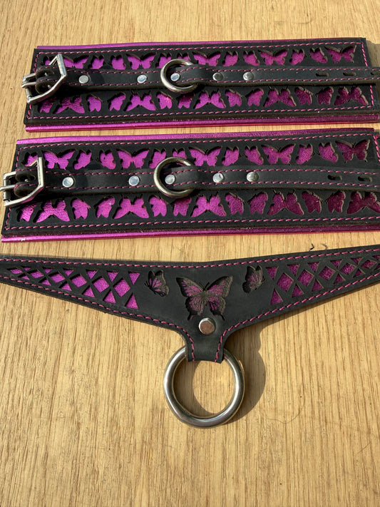 Package deal: Butterfly collar-  black with pink butterfly and red stitching ( collar and cuffs )