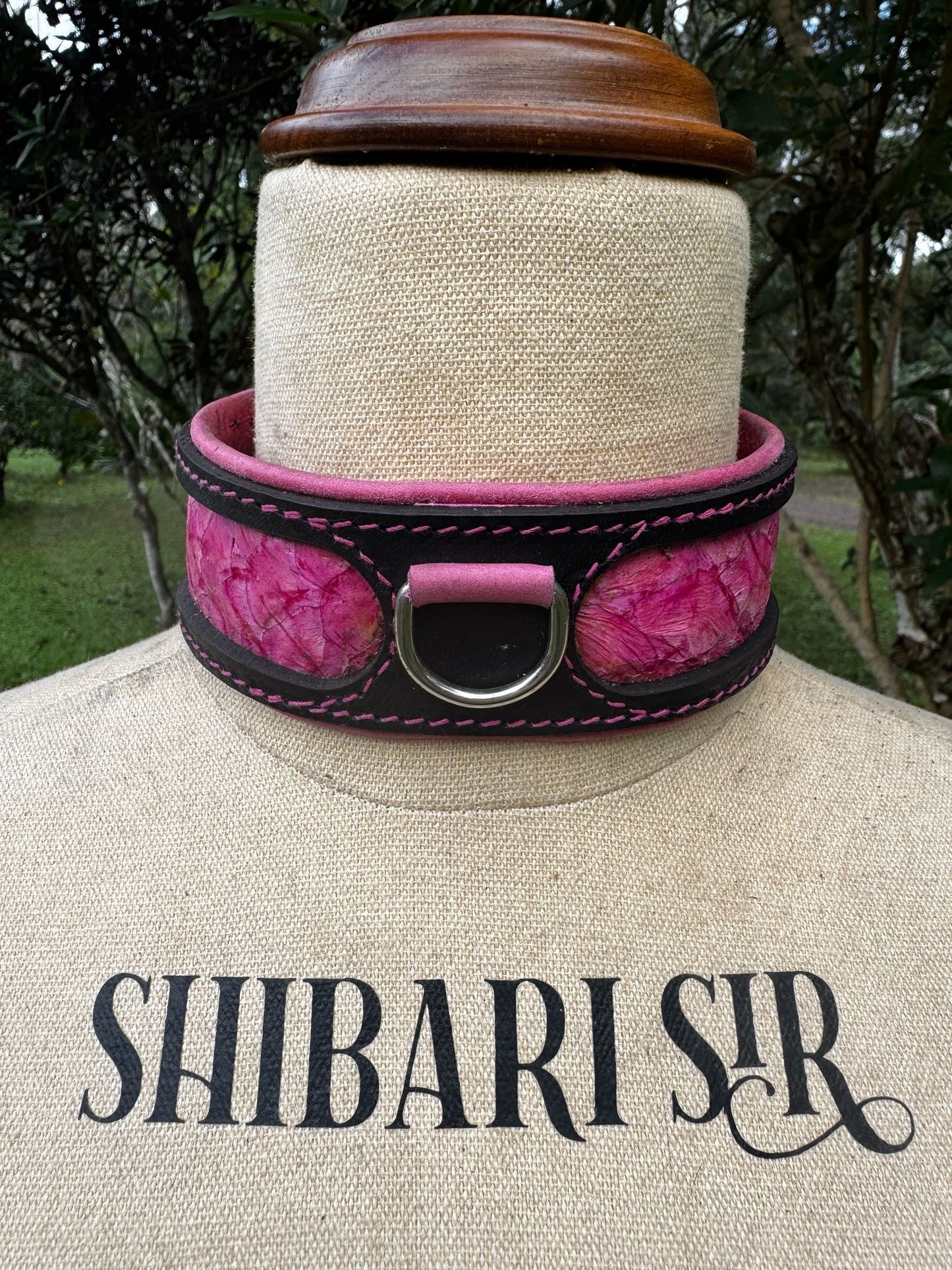 Pink Fairy floss collar-  black with pink barramundi skin inlay