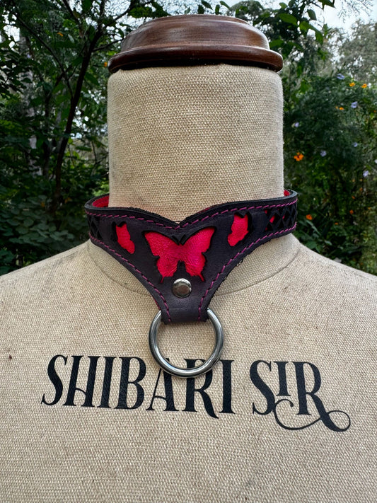 Butterfly collar-  black with pink butterfly and pink stitching forest green stitching (Copy)