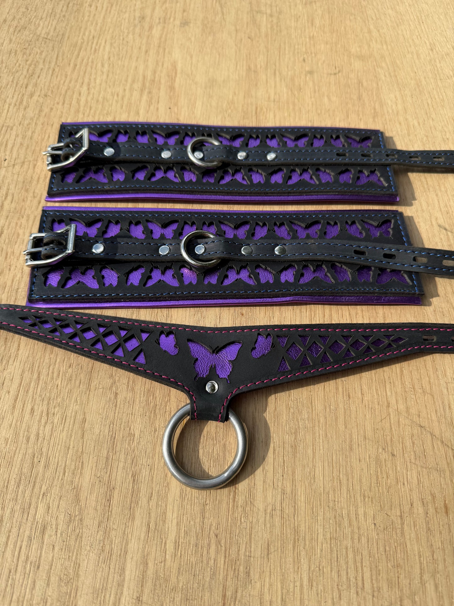 Package deal: Butterfly collar-  black with purple butterfly and red stitching ( collar and cuffs )