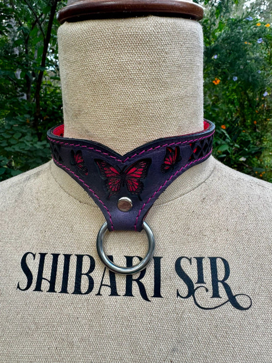 Butterfly collar-  black with pink butterfly and pink stitching forest green stitching
