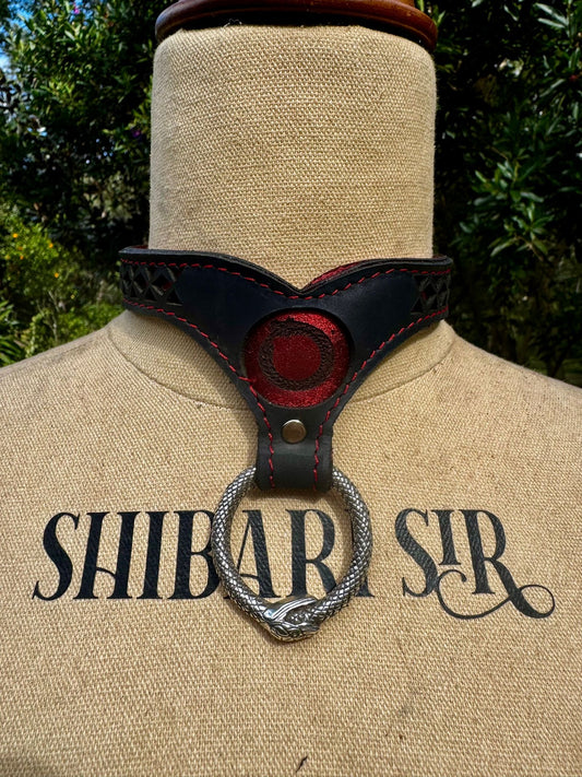 Ouroboros collar-  crimson metallic red with red stitching, black leather. Ouroboros ring