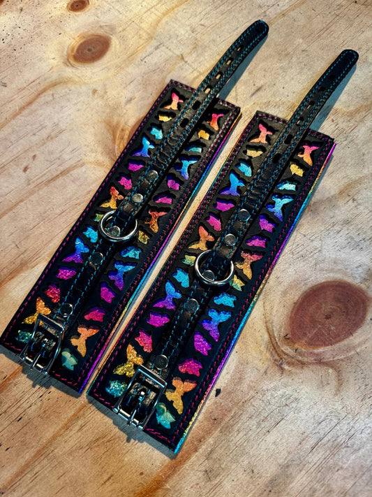 Package deal: Butterfly collar-  black with rainbow butterfly and teal stitching ( collar and cuffs )