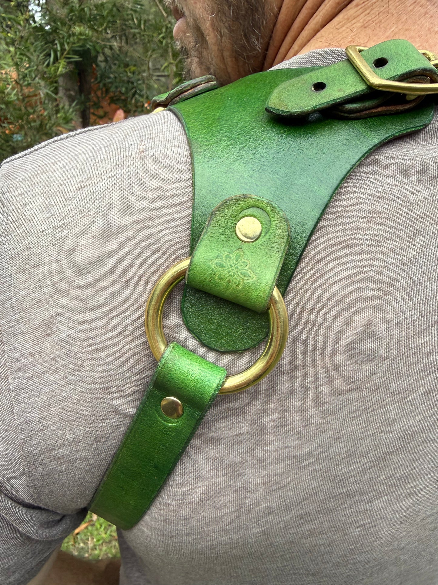 Handdyed Green Riggers Harness with brass hardware