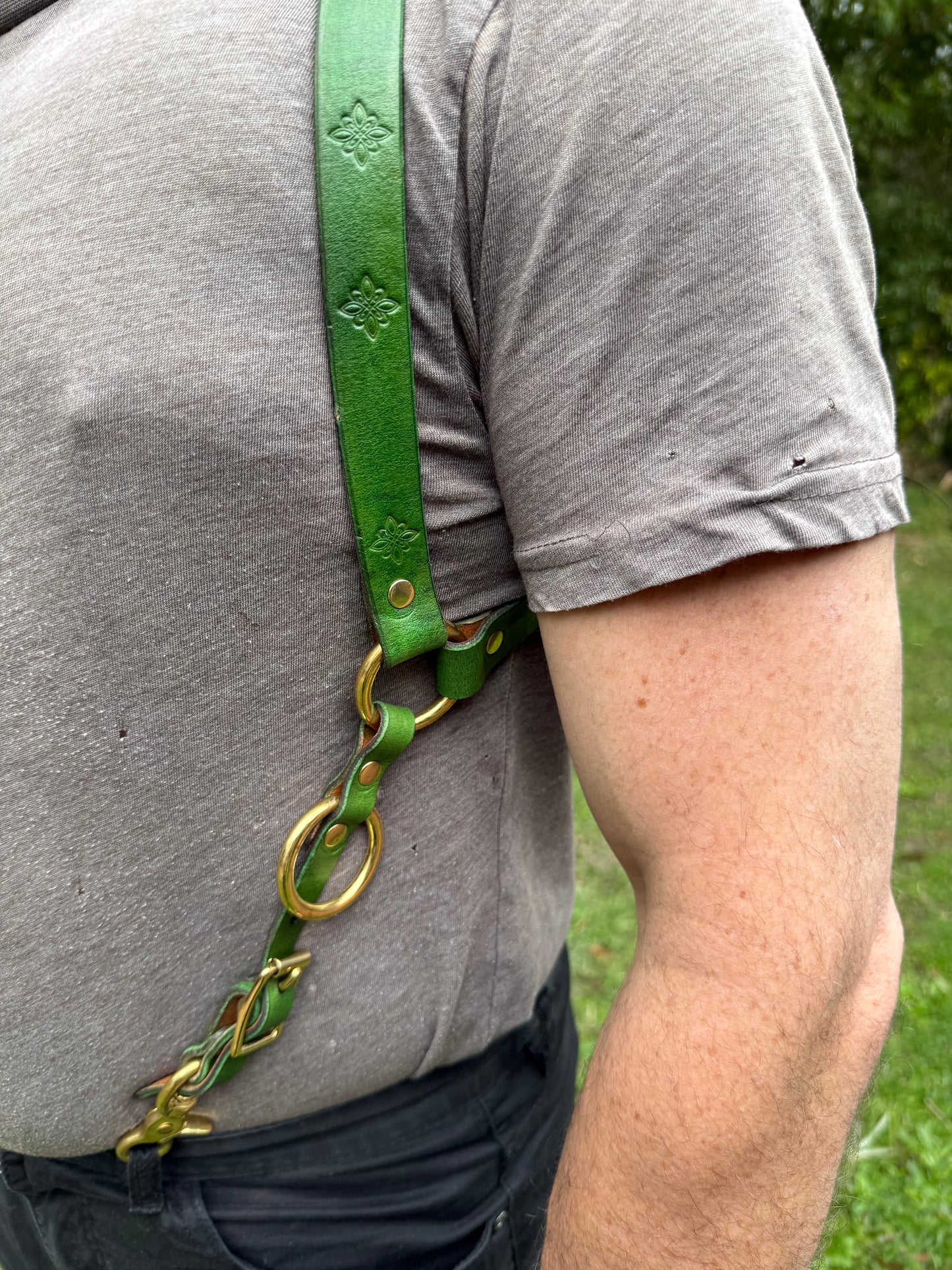 Handdyed Green Riggers Harness with brass hardware