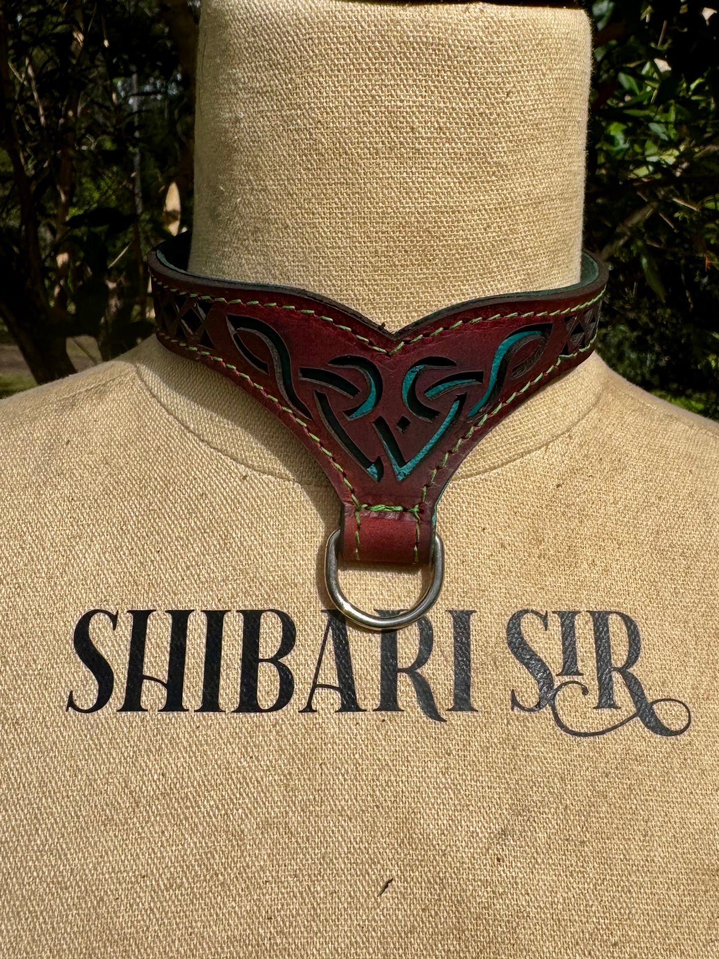 Celtic collar-  jade green with forest green stitching, crazy horse red leather.