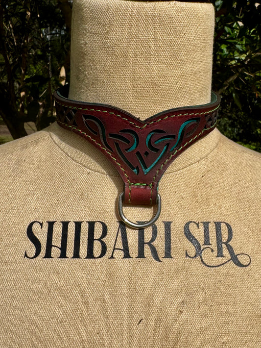 Celtic collar-  jade green with forest green stitching, crazy horse red leather.