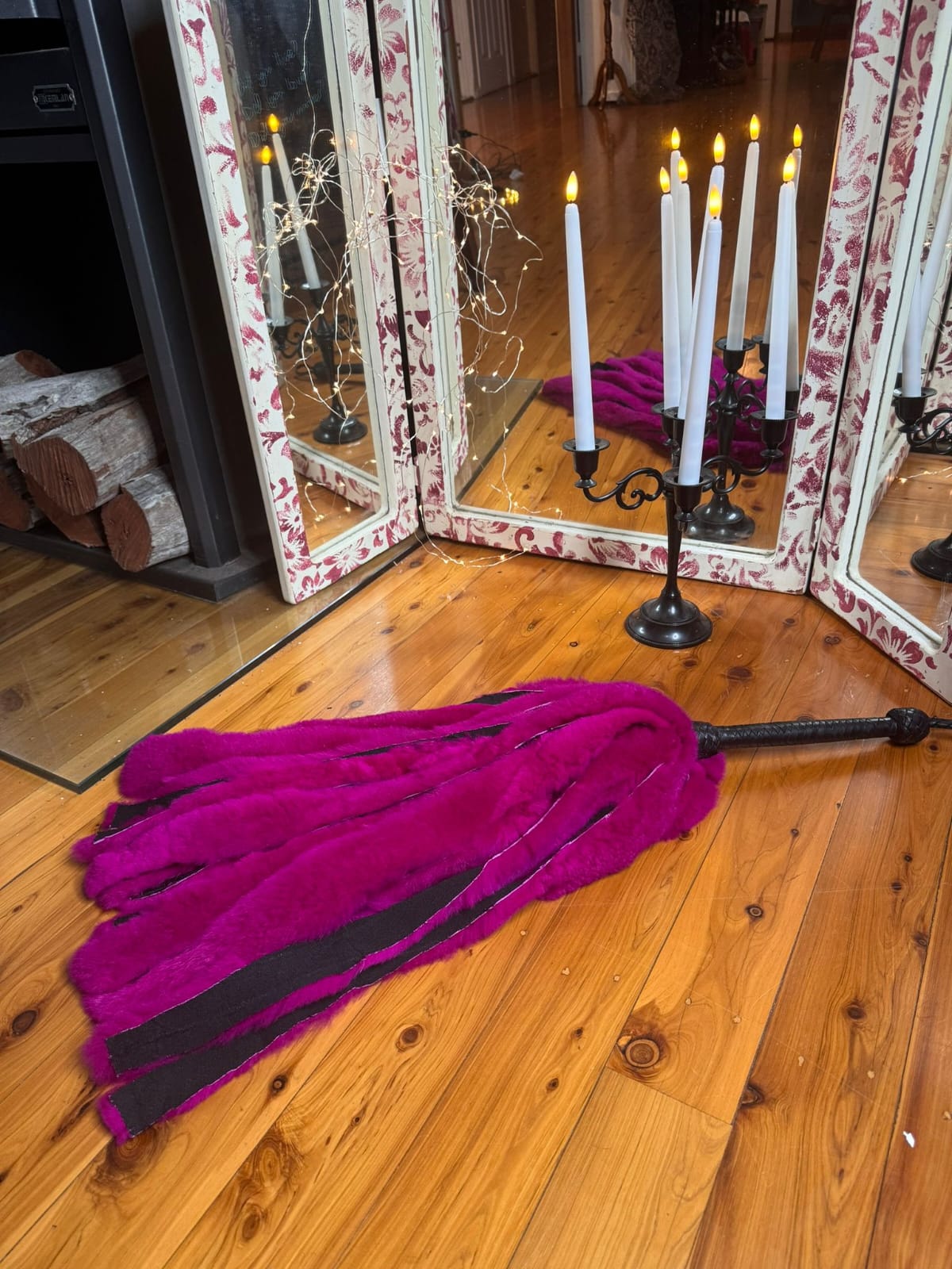 Pink Rabbit Fur Flogger with Kangaroo hand plaited handle