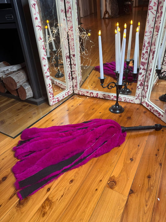 Pink Rabbit Fur Flogger with Kangaroo hand plaited handle