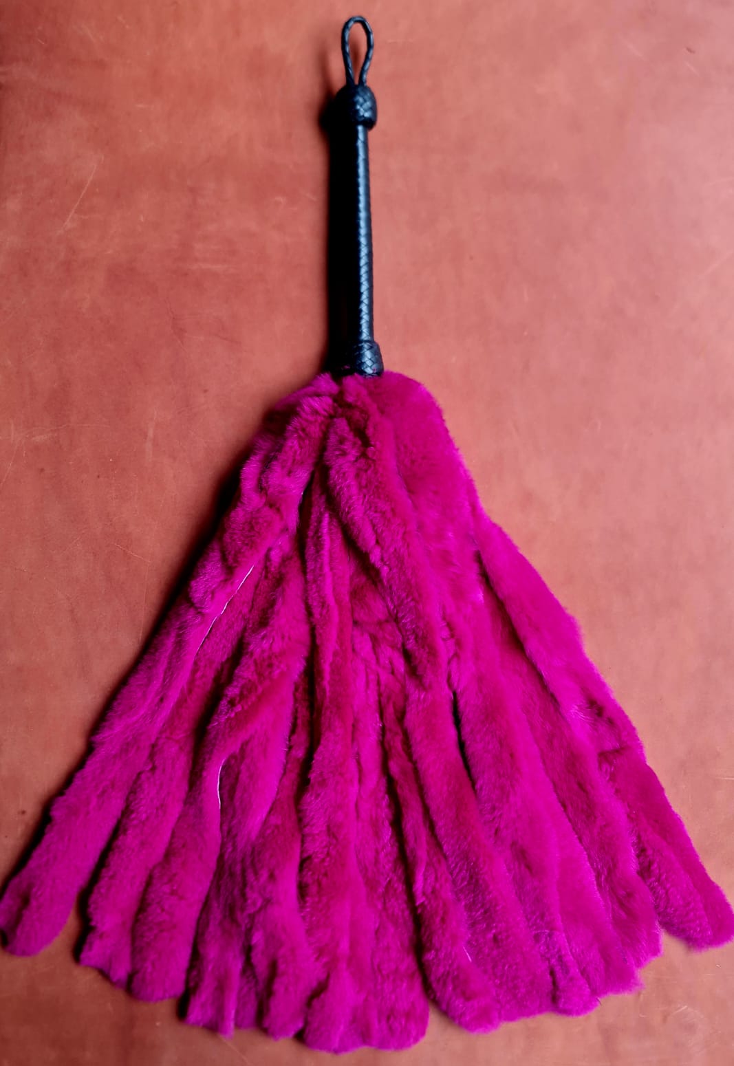 Pink Rabbit Fur Flogger with Kangaroo hand plaited handle